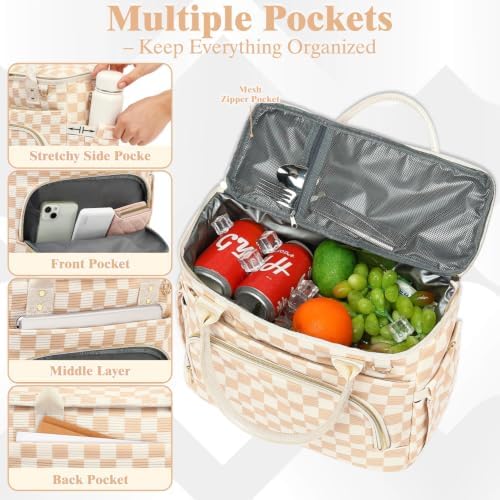 GYEUKHAM Insulated Lunch Bag for Women Men,Extra Large Lunch Box, Leakproof Reusable Cooler Tote for Adult, Everyday Soft Lunch Tote Bag for Work College Picnic Travel,C-Khaki Checkered