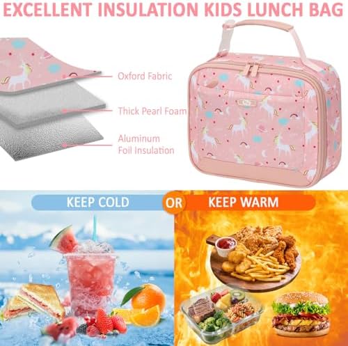 Tenot Lunch Box Kids Insulated Lunch Tote Bag Pink Unicorns