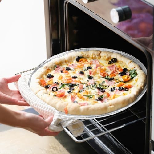 15 Pack Disposable Pizza Pans 14IN, Large Aluminium Foil Serving Platters/Trays for Parties, Silver Embossed Foil Serving Dishes/Plates for Vegetable, Fruit, Slices of Cake, Cookies