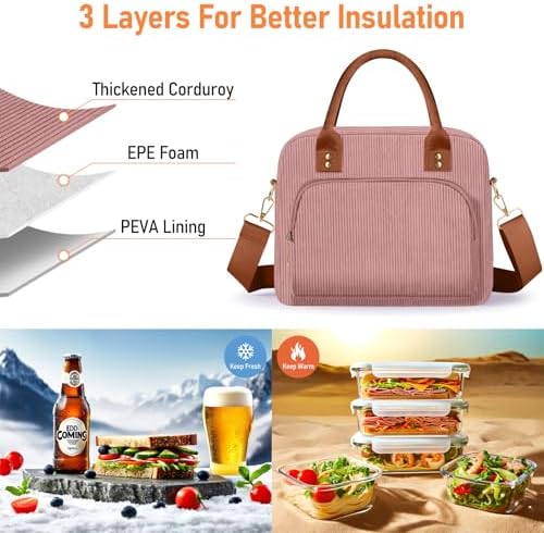 Lunch Bag Large Insulated Lunch Box for Women Men Adult Cute Pink Lunchbox Corduroy Lunch Bags Boxes Pail with Adjustable Shoulder Strap for Work Mom Picnic Office Travel 11.4×6.8×9.1 inches 11.5L