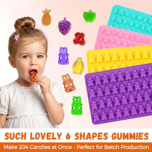Gummy Bear Mold Silicone, Fruit Snack Molds Gummies Trays Molds with Dropper for Candy Chocolate, 4Pcs Medium & Mini