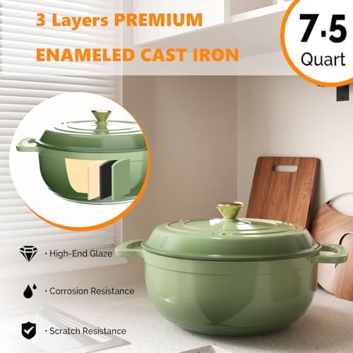 Bonnlo 7.5QT Round Dutch Oven, Enameled Cast Iron Dutch Oven Pot with Lid & Dual Handles, Oven Safe Up to 500° F, for Sourdough, Bread Baking, Stews and Roasting, Green