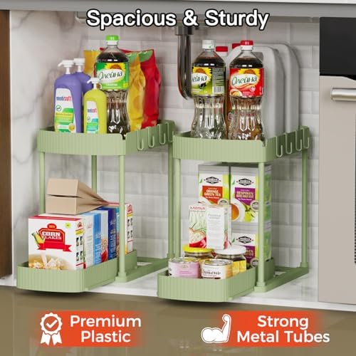 2 Packs Under Sink Pull-Out Storage Organizers, 12.8 Inches, Green