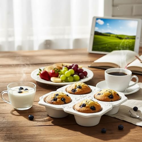 Hiceeden 2 Pack 4-Cup Ceramic Muffin Pan, Nonstick Muffin Tin with Handle, Ceramic Cupcake Baking Pans with Embossed Pattern for Muffin, Cupcake, White, 7.5" x 7" x 1.6"
