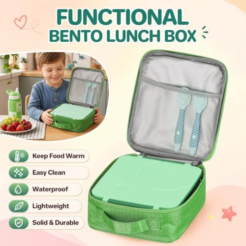 Itslife Bento Lunch Box for Kids with 8oz Soup Thermo&Lunch Bag, Leak-Proof Lunch Food Containers with 4 Compartment, Hot Food Insulated Food Jar for Kids School (Green)