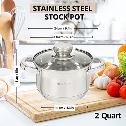 Daniks Standard 2 Quart Stainless Steel Stock Pot with Glass Lid, Try-Ply Bottom for Even Heating, Induction Compatible, Dishwasher Safe, Built-In Measuring Scale, Silver
