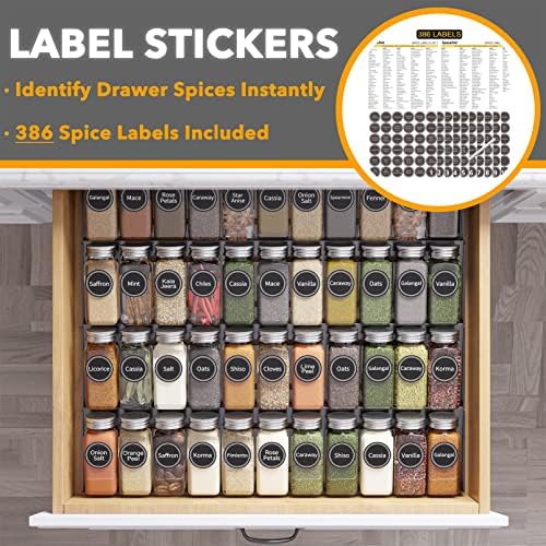 SpaceAid Spice Drawer Organizer with 44 Spice Jars, 386 Spice Labels, 4 Tier Seasoning Rack Tray Insert for Kitchen Drawers, 20.25" Wide x 17.5" Deep