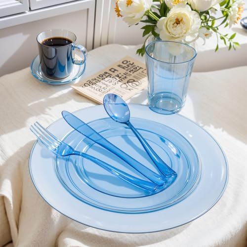 WDF 180 Pieces Blue Plastic Silverware Disposable - Clear Blue Cutlery Sets 60 Forks, 60 Knives and 60 Spoons - Heavy Duty Utensils for Party, Wedding