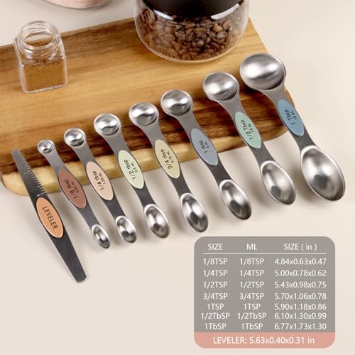 ChefAide Set of 8 Magnetic Measuring Spoons, Stainless Steel, Dual Sided