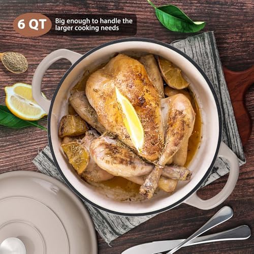 E-far 6 Quart Enameled Cast Iron Dutch Oven, Round Dutch Oven Pot with Lid, Nonstick Cookware for Braising/Stews/Roasting/Bread Baking/Cooking, Heavy Duty, Induction & Oven Safe - Khaki