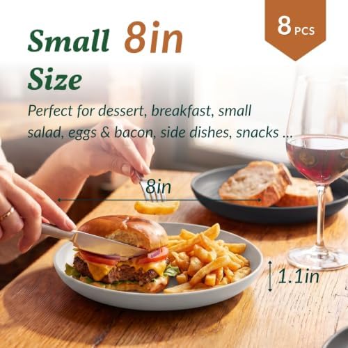 Homienly Deep Dinner Plates Set of 8 Alternative for Plastic Microwave and Dishwasher Safe Wheat Straw Kitchen Unbreakable Kids with 4 Colors (Stone Grey, 8 inch),(Deep plates-8)