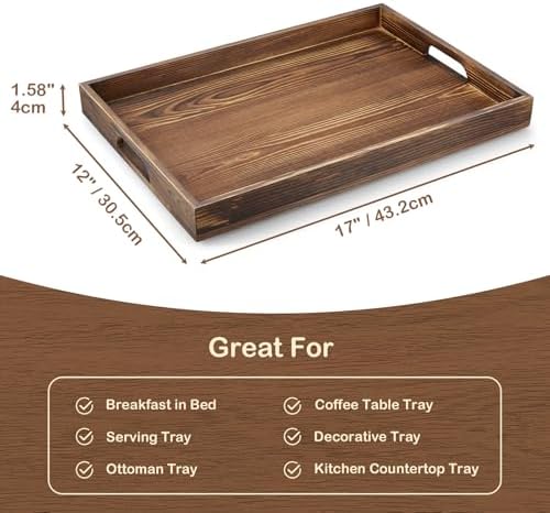 17 Inch Burnt Wood Serving Tray with Handles - Large Wooden Tray for Ottoman, Breakfast in Bed, Dinner, Coffee Table - Decorative Brown Rectangular Tray for Living Room Entryway and Kitchen Decor