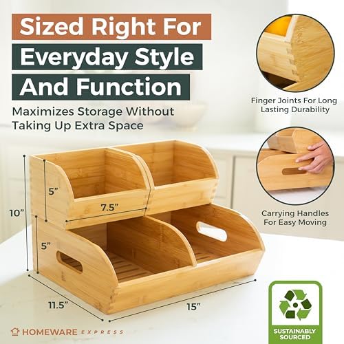 Potato and Onion Storage Bin, Stackable Bamboo Pantry Organizer and Storage