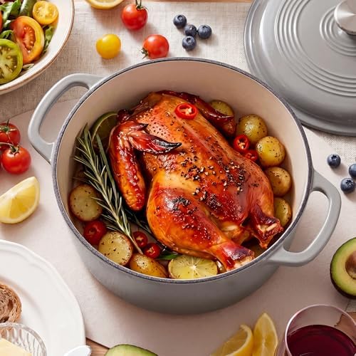NEWBULIG Cast Iron Dutch Oven, 6 Quart Enamel Dutch Oven Pot with Lid, Heavy Duty Cookware for Sourdough Bread, Braising, Stews, Roasting, Safe up to 500°F, Grey