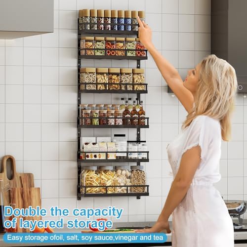 X-cosrack 6-Tier Wall-Mounted Spice Rack Organizer with Mixed Basket Sizes, Height-Adjustable Hanging Spice Shelf for Kitchen Pantry Cabinet, Large-Capacity Seasoning Holder, Black
