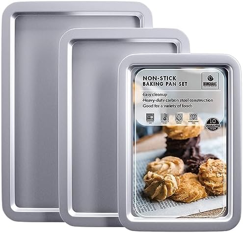 HONGBAKE Cookie Sheet, Baking Sheet Set, Nonstick Oven Pan with Wider Grips,3 Pack, Avoid Too Much Browning -Noble Silver