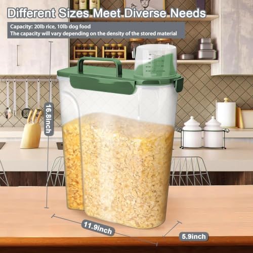 Komzon Rice Storage Containers, 20 lb Rice dispenser with Pouring Spout Large Bin for Flour, Pasta, Grain and Baking, Pet Dog Cat Bird Food Container Green