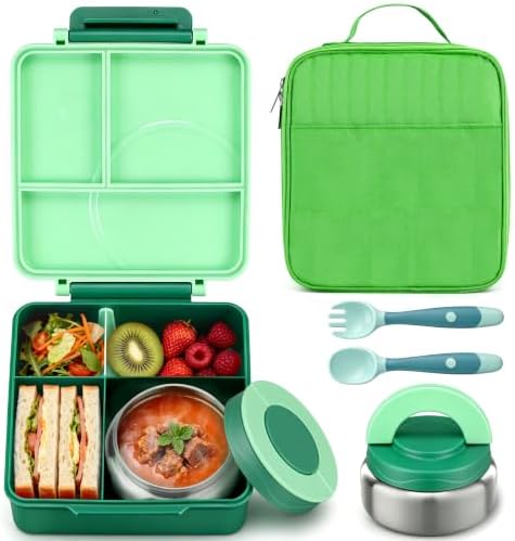 Itslife Bento Lunch Box for Kids with 8oz Soup Thermo&Lunch Bag, Leak-Proof Lunch Food Containers with 4 Compartment, Hot Food Insulated Food Jar for Kids School (Green)