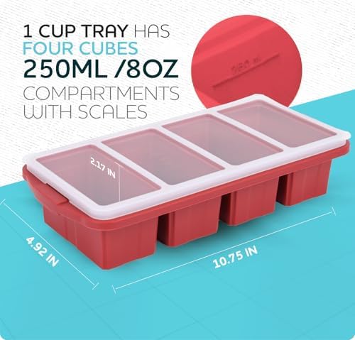 XOMOO Silicone Freezer Tray With Lid - Soup Freezer Container molds - Large Ice Cube Tray- makes 8 perfect 1 cup portions cubes, 2-Pack Freezer Storage Food Soups & Meal Prep - Oven & Dishwasher -Safe