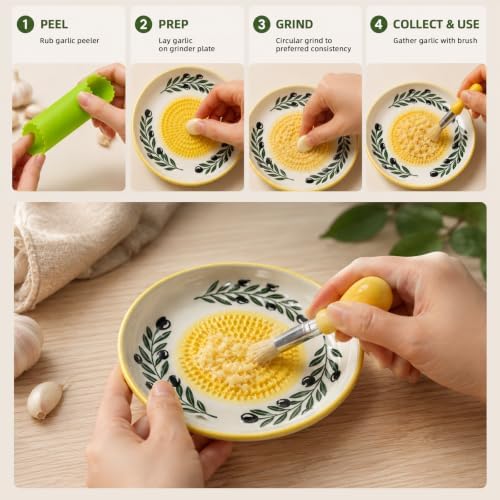 Ceramic Garlic Grater Plate Set – Hand-Painted Floral 4-Piece Set with Silicone Peeler, Cleaning Brush & Display Stand – Porcelain Grater Dish for Garlic & Ginger (Yellow)