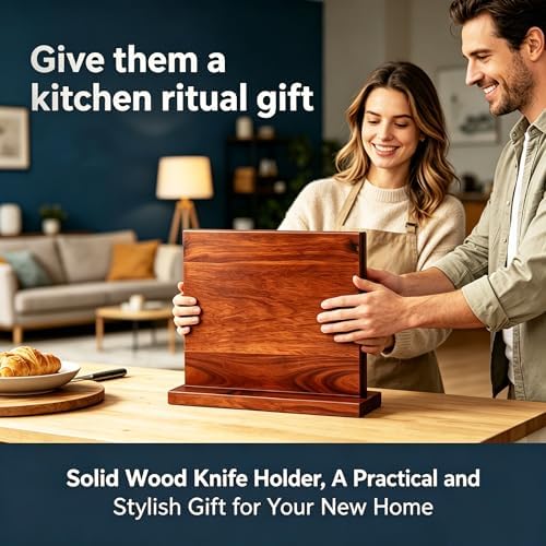 Magnetic Knife Blockr- Acacia Wood Strong Magnetic Knife Holder, Secure Knife Storage Organizer | Chef Tools & Space Saving for Kitchen Knives (brown)
