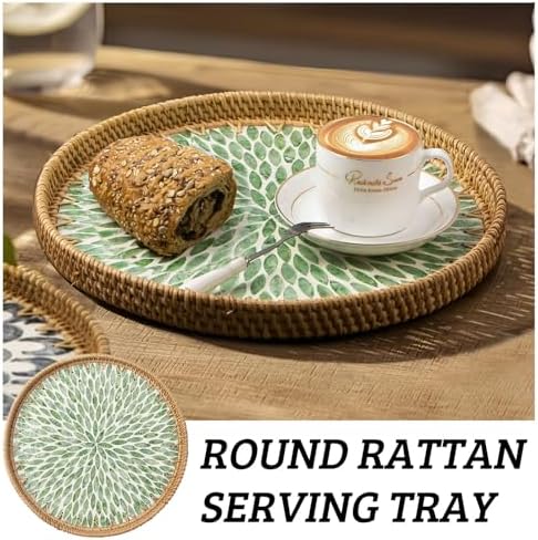 Round Rattan Tray with Mother of Pearl Inlay, Wooden Base