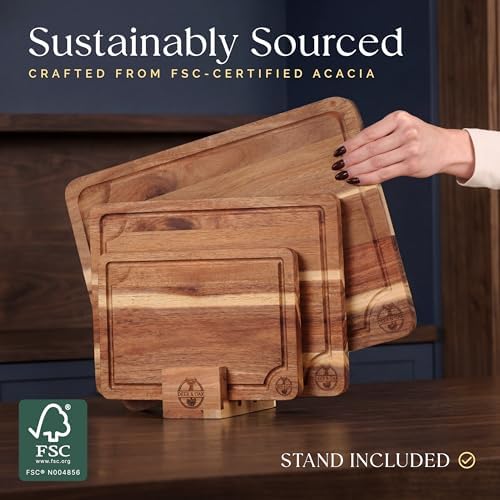 Deer & Oak Non Toxic 3-Piece Acacia Cutting Board Set with Stand - 5 pack