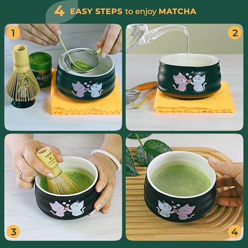Aprika Life Matcha Whisk Set 6 Pcs - Ceramic Matcha Bowl, Bamboo Whisk, Matcha Whisk Holder, Scoop, Sifter & Tea Cloth - Traditional Handmade Matcha Set - Unfurl Black with Cat print