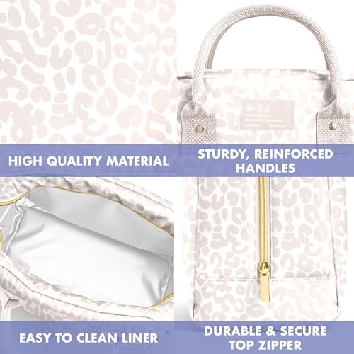 Fit & Fresh Bloomington Lunch Bag for Women - Insulated Large Lunch Box for Work with Containers, Leak-Resistant, Stain-Resistant, Zipper Closure, Feline Fine Ivory