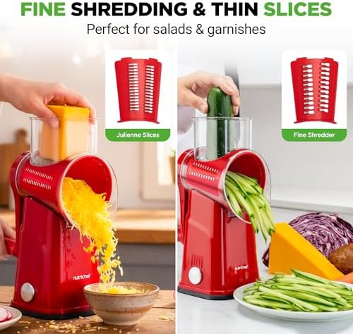 NutriChef 5 in 1 Cheese Grater & Shredder | 5 Different Blades for Thin, Thick, Julienne Strips, Wavy, & Straight Strips | Includes Hand Crank, Strong Suction Base & Storage Container | Red