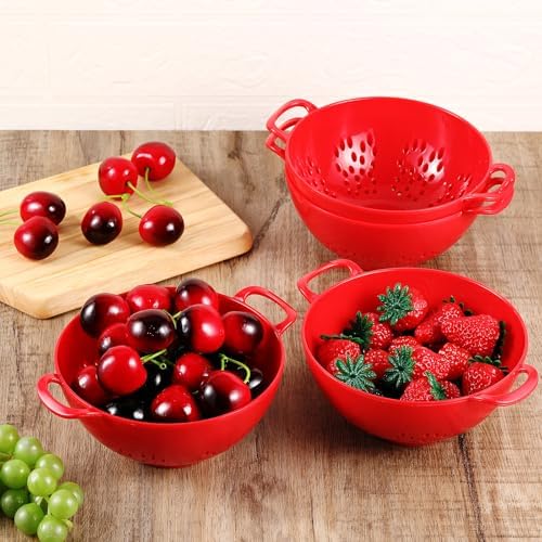 Baderke 4 Pack Mini Colander for Kitchen Plastic Berry Strainer with Double Handles 7.5 x 6 x 3 Inch Small Colander Strainer for Fruits Vegetables Food (Red)