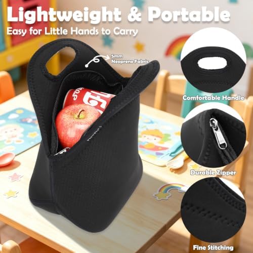 FlowFly Neoprene kids Lunch box Insulated Soft Bag Mini Cooler Thermal Meal Tote Kit for Boys, Girls,Men,Women,School,Work, Office,Black