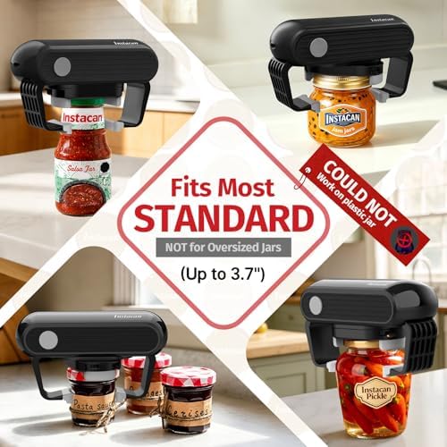 INSTACAN Effortless Electric Jar Opener Easy Opens Twist-Lid, One Handed Automatic Jar Opener for Weak Hands & Seniors with Arthritis, Battery Operated Essential Kitchen Gadgets Gift for Home