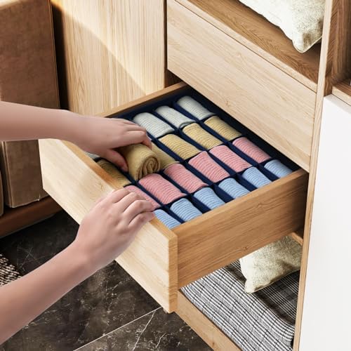 joyoldelf Sock Organizer Drawer Organizer - 2 Packs Underwear Organizer,24 Cells Collapsible Closet Organizers and Storage Sock Holders Organizers for Storing Socks, Ties, Belts(Navy Blue)