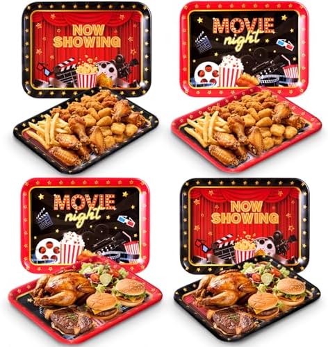 Vesici 4 Pack Movie Night Melamine Serving Trays, 13 x 10 Inch Rectangular Cinema Snack Platters with Popcorn & Film Designs, Durable Serving Plates for Home Theater, Parties & Appetizers