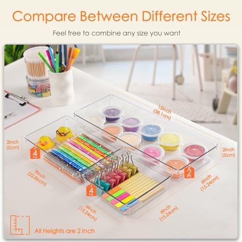 Criusia Drawer Organizer, 10 Pack Large Clear Plastic Set, 3 Size Versatile Bathroom and Vanity Organizer Trays, Storage Bins for Makeup, Bedroom, Kitchen Utensils