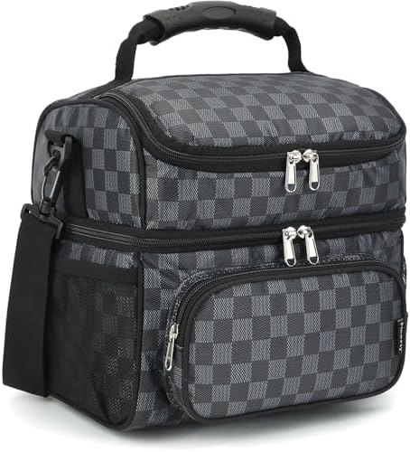 FlowFly Double Layer Cooler Insulated Lunch Bag Adult Lunch Box Large Tote Bag for Men, Women, With Adjustable Strap,Front Pocket and Dual Large Mesh Side Pockets