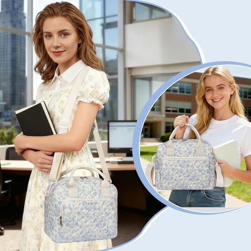 WOBAGMEN Quilted Lunch Box for Women, Insulated Lunch Bag for Adult,Cute Lunch Tote Bags for Work Picnic Travel (Blue Floral,M)