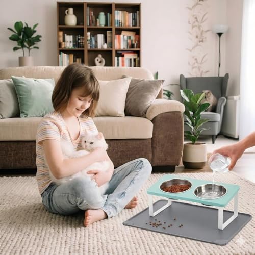Summark Upgraded Elevated Cat Bowls with Food Mat,15°Tilted Stand Anti Vomiting Raised Cat Dishes for Food and Water,2 Stainless Steel Bowls for Cats and Puppy（Teal）