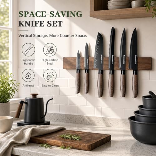 Astercook Knife Set, 13-Piece Kitchen Knives Set with 6 Blade Guards, Black Anti-Rust & Non-Stick Coating, Dishwasher Safe Stainless Steel Knives, Ergonomic Handle, Perfect for Holiday Gifts