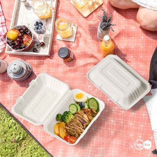 Turbo Bee 75 Pack White Compostable Take Out Containers, 9x6 Disposable Food Containers with Lids, Heavy Duty Clamshell To Go Boxes for Restaurant, Catering, Meal Prep & Lunch