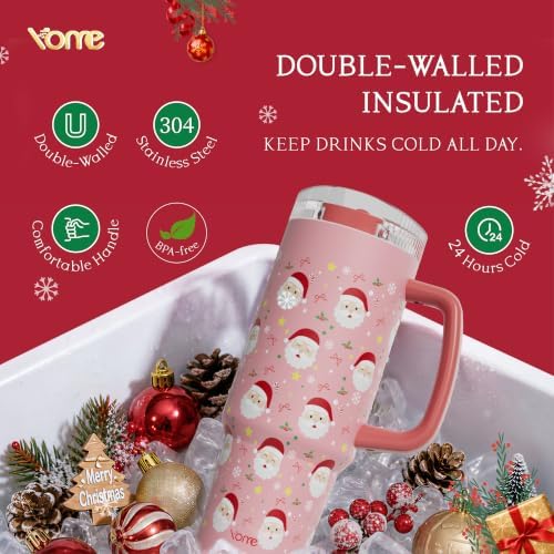 YOME DetaClean 40oz Christmas Tumbler with Handle and Flip Straw for Women | 100% Disassemblable Lid | Stainless Steel Insulated Water Bottle | 100% Leak Proof | Keeps Drinks Cold