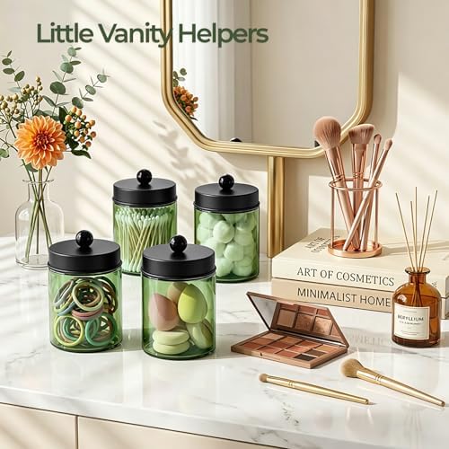 Amolliar Green Glass Apothecary Jar Qtip Holder Metal Lids 4pc/Green-black