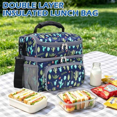 FlowFly Double Layer Cooler Insulated Lunch Bag Adult Lunch Box Large Tote Bag for Men, Women, With Adjustable Strap,Front Pocket and Dual Large Mesh Side Pockets