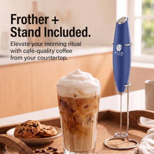 Bean Envy Milk Frother Handheld - Coffee Mixer Wand with Stand - Blue