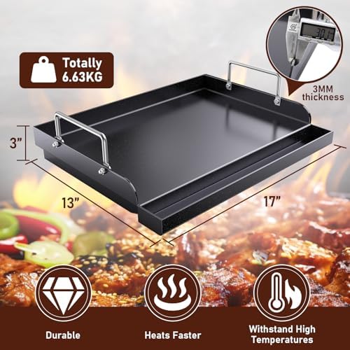 Cast Iron Griddle for Gas Grill, Nanoceramic Nonstick Flat Top Griddle Insert for Outdoor Gas Grill, 17" x 13" Flat Top Plate for Weber, Nexgrill, Charbroil Grills, Plancha Para Cocinar
