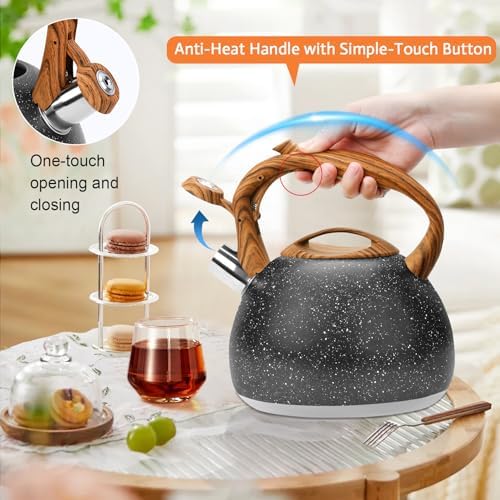 GGC Tea Kettle for Stove Top, Loud Whistling Kettle for Boiling Water Coffee or Milk, 3.1 Quart Heavy Stainless Steel Starry Black Kettle with Wood Pattern Handle, Unique Button Control Kettle Outlet