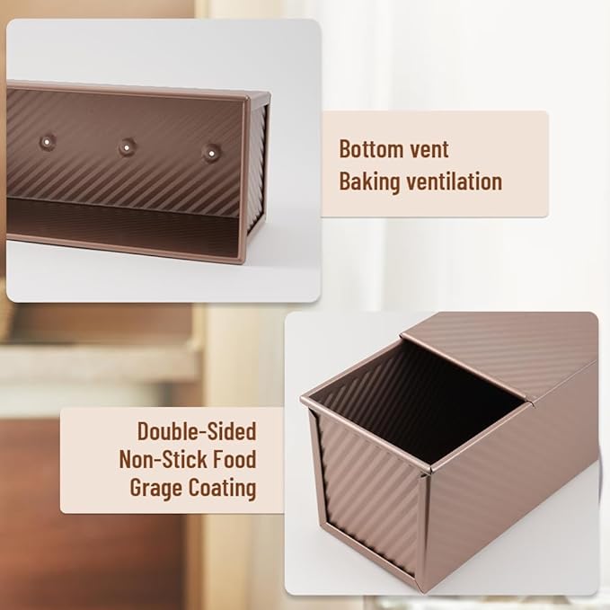 Large Pullman Loaf Pan with Lid, 13 x 4 Inch 2 lbs Non-Stick Rectangle Bread Pan with Lid and Dough Scraper Cutter, Reusable Sourdough Loaf Pan for Homemade Bread & Toast, Rose Gold
