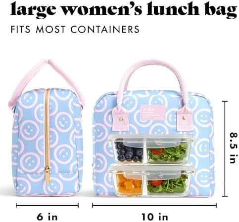 Fit & Fresh Bloomington Lunch Bag for Women - Insulated Large Lunch Box for Work with Containers, Leak-Resistant, Stain-Resistant, Zipper Closure, All Smiles Bubble Gum