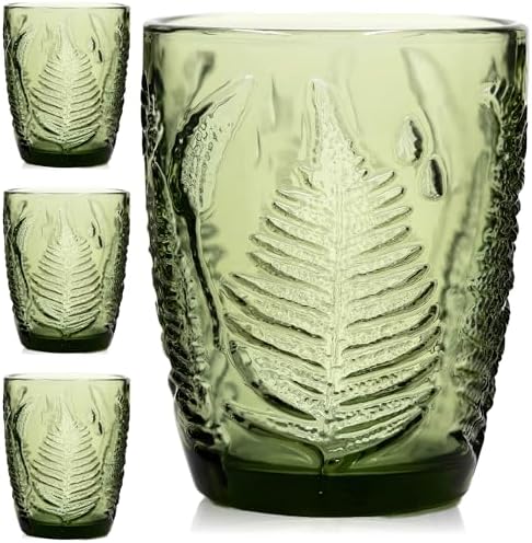Green Drinking Glasses Set of 4, 10 oz Glass Cups, Vintage Fern Glassware